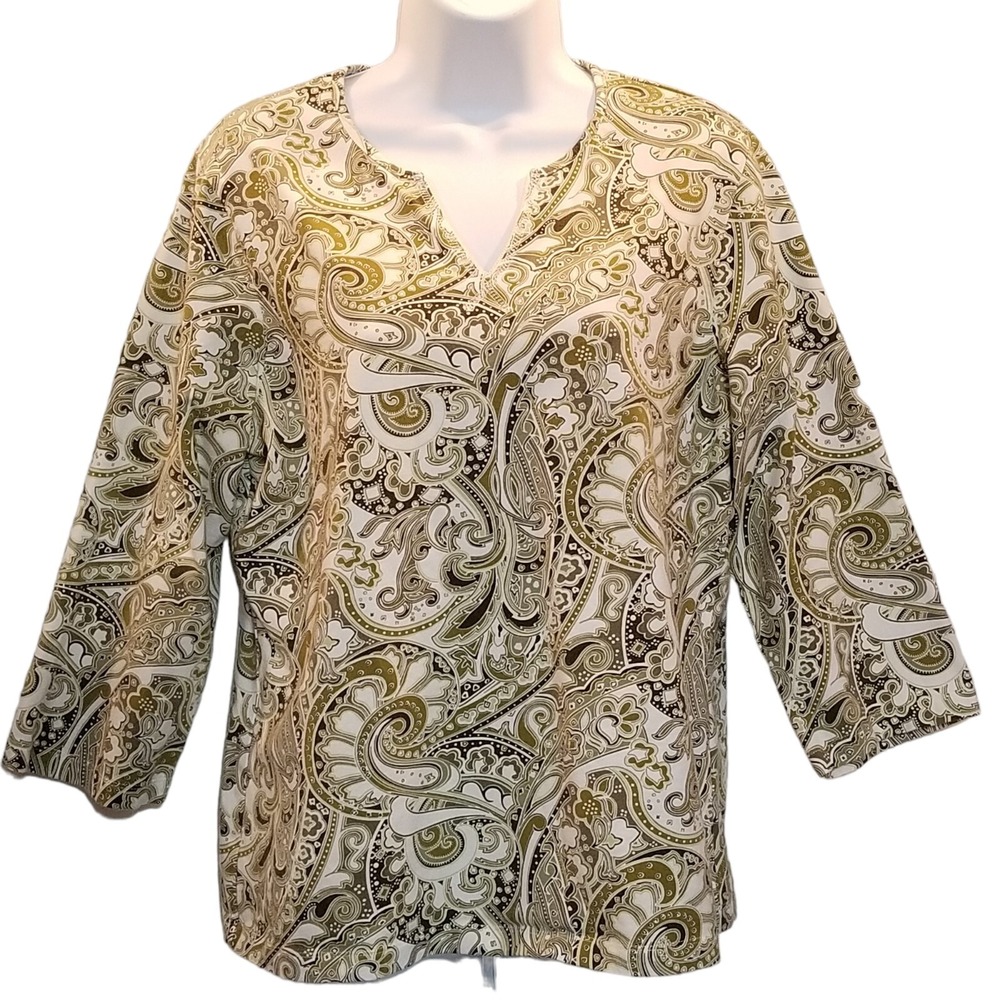 D & Co Blouse Womens Size M Green Paisley Knit V-neck 3/4 Sleeve